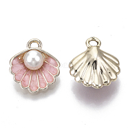 Alloy Pendants, with ABS Plastic Imitation Pearl & Enamel, Shell with Pearl, Light Gold, Pink, 16x15x7mm, Hole: 1.5mm(X-ENAM-S119-034C-LG)