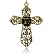 Antique Bronze Plated Alloy Crystal Rhinestone Large Pendants, Cross with Rose Flower, Nickel Free, 92x68x6mm, Hole: 4mm(ALRI-J053-01AB-NF)