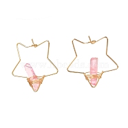 Electroplated Natural Quartz Wire Wrapped Earrings for Girl Women, Golden Star Brass Hoop Earrings, Pink, 35x35x6.5mm, Pin: 0.7mm(EJEW-JE04648-01)
