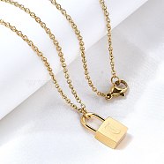 304 Stainless Steel Rolo Chain Pendant Necklaces, Padlock Necklaces for Women Men, Locks with Letter, Letter T, 17.64 inch(44.8cm)(NJEW-S444-01G-20)