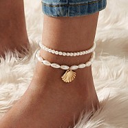 Imitation Pearl Anklets, with Alloy Charms, Shell Shape, White, 7-7/8 inch(200mm)(WG7595C-01)