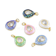 Brass Pave Clear Cubic Zirconia Pendants, with Jump Rings and Shell, Enamel, Real 18K Gold Plated, Nickel Free, Teardrop, Mixed Color, 19x13.5x4.5mm, Jump Ring: 5x1mm, 3mm inner diameter(KK-N227-94)