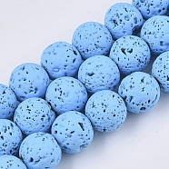 Spray Painted Natural Lava Rock Beads Strands, Round, Light Sky Blue, 8~9mm, Hole: 0.7mm, about 47~48pcs/Strand, 15.75 inch(40cm)(G-N0324-C-04)