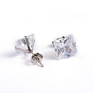 Square Cubic Zirconia Stud Earrings, with 304 Stainless Steel Pins, Clear, 8.5x8mm, Pin: 0.9mm(EJEW-H306-09P-8mm)