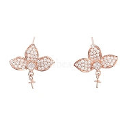 Flower 925 Sterling Silver Micro Pave Cubic Zirconia Stud Earring Findings, with Pinch Bails and S925 Stamp, for Half Drilled Beads, Rose Gold, 17x18.5mm, Pin: 11x0.6mm(EJEW-B038-18RG)