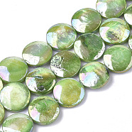 Freshwater Shell Beads Strands, AB Color Plated, Dyed, Flat Round, Lime Green, 10~11.5x3~4mm, Hole: 1mm, 34pcs/strand, 15.15 inch(SHEL-S274-52B)