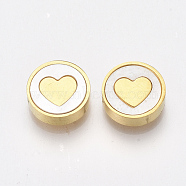 304 Stainless Steel Beads, with Shell, Flat Round with Heart, Golden, 10x3mm, Hole: 1.6mm(STAS-T045-12G)
