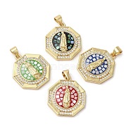 Brass Micro Pave Cubic Zirconia Pendants, with Enamel & Shell, Long-Lasting Plated, Lead Free & Cadmium Free, Real 18K Gold Plated, Octagon with Virgin Mary, Mixed Color, 22.5x20x4mm, Hole: 5x3.5mm(KK-K385-021G)