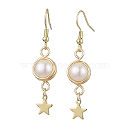 Natural Cultured Freshwater Pearl Dangle Earrings, Stainless Steel with Brass Charms, Star, 49x10.5mm(EJEW-JE05738-01)
