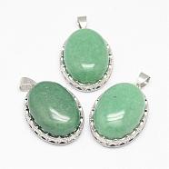 Natural Green Aventurine Pendants, with Brass Findings, Oval, Platinum, 30x21x10~11mm, Hole: 6x4mm(G-D851-41)