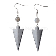 Natural Labradorite Dangle Earrings, with Non-magnetic Hematite Pendants and 304 Stainless Steel Earring Hooks, Triangle and Round, 74~75mm, Pin: 0.7mm(EJEW-JE03731-05)