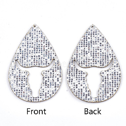 PU Leather Big Pendants, with Sequins, Teardrop with Bull, Light Grey, 69.5x44x2mm, Hole: 1.5mm(X-FIND-T020-104)