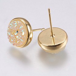 Druzy Resin Earrings, with Brass Finding, Flat Round, Beige, 9.5x16~16.5mm, Pin: 0.8mm(X-KK-E724-S-07G)