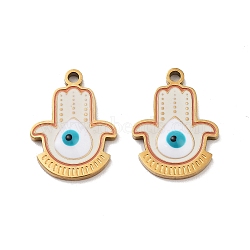 Ion Plating(IP) 316 Surgical Stainless Steel Pendants, Nickel Free, with Enamel, Real 18K Gold Plated, Hamsa Hand with Evil Eye Charm, White, 17x13x2.5mm, Hole: 1.5mm(STAS-U014-56G-02)