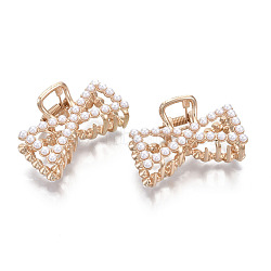 Alloy Claw Hair Clips, with ABS Plastic Imitation Pearl, Bowknot, Light Gold, White, 50x32.5x27.5mm(X-PHAR-T001-10LG)