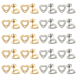 40Pcs 2 Color 201 Stainless Steel Heart Stud Earring Findings, with Hole & 316 Stainless Steel Pin & 40Pcs Ear Nuts, Golden & Stainless Steel Color, 11x11mm, Hole: 1.6mm, Pin: 0.7mm, 20Pcs/color(STAS-SC0005-30)