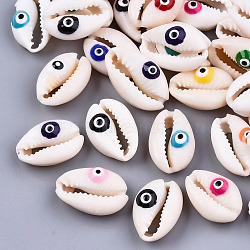 Natural Cowrie Shell Beads, with Enamel, No Hole/Undrilled, Evil Eye, Mixed Color, 18~22x13~14x6~8mm(SHEL-S266-23)