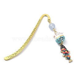 Japanese Style Maneki-neko Bookmark, Lucky Cat & Fish Pendant Bookmark with Natural Round Dyed Natural Quartz Imitation Aquamarine, Alloy Hook Bookmarks, 84mm(AJEW-JK00260-04)