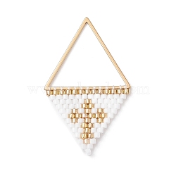 Handmade Japanese Seed Beads Pendants, Triangle with Cross Charms, White, 37~38x23x2mm, Hole: 17x20mm(PALLOY-MZ00136-02)