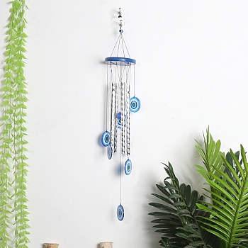 Aluminum Tube Wind Chimes, Evil Eye Pendant Decorations, with Wooden Board & Iron Finding, Deep Sky Blue, 600mm