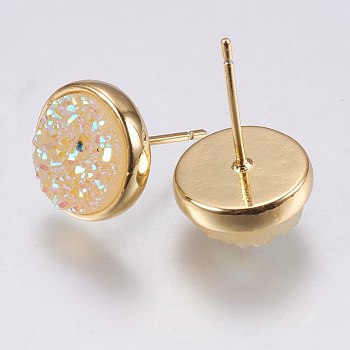 Druzy Resin Earrings, with Brass Finding, Flat Round, Beige, 9.5x16~16.5mm, Pin: 0.8mm