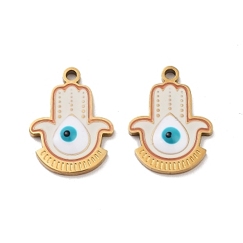 Ion Plating(IP) 316 Surgical Stainless Steel Pendants, Nickel Free, with Enamel, Real 18K Gold Plated, Hamsa Hand with Evil Eye Charm, White, 17x13x2.5mm, Hole: 1.5mm