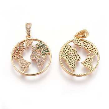 Brass Micro Pave Cubic Zirconia Pendants, Flat Round, Colorful, Golden, 23x21x2mm, Hole: 2.5x5mm