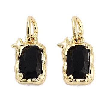 Brass Micro Pave Cubic Zirconia Charms, with Jump Ring, Rectangle with Star, Real 18K Gold Plated, Black, 9.5x6x3mm, Hole: 3mm
