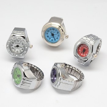Mixed Stretch Watch Band Alloy Finger Ring Watches, Platinum, 18~20mm