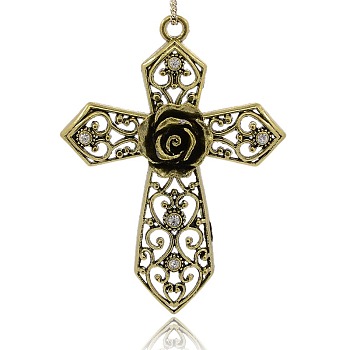 Antique Bronze Plated Alloy Crystal Rhinestone Large Pendants, Cross with Rose Flower, Nickel Free, 92x68x6mm, Hole: 4mm