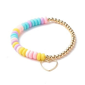 Handmade Polymer Clay Beads  Stretch Bracelets, with Brass Heart Charm and Beads, Colorful, 1/4 inch(0.7cm), Inner Diameter: 2-1/2 inch(6.25cm)