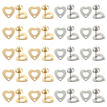 40Pcs 2 Color 201 Stainless Steel Heart Stud Earring Findings, with Hole & 316 Stainless Steel Pin & 40Pcs Ear Nuts, Golden & Stainless Steel Color, 11x11mm, Hole: 1.6mm, Pin: 0.7mm, 20Pcs/color