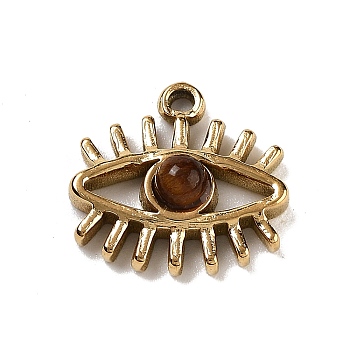 Ion Plating(IP) 304 Stainless Steel Pave Natural Tiger Eye Eye Charms, Real 18K Gold Plated, 11x13x3mm, Hole: 1.2mm