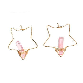Electroplated Natural Quartz Wire Wrapped Earrings for Girl Women, Golden Star Brass Hoop Earrings, Pink, 35x35x6.5mm, Pin: 0.7mm