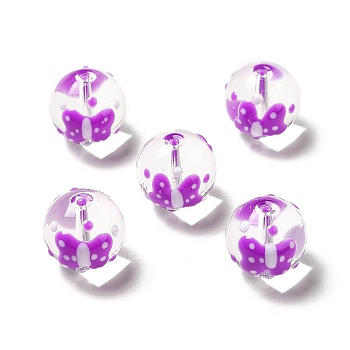 Handmade Lampwork Beads, Round with Butterfly Pattern, Dark Violet, 13.5~14x14.5~15mm, Hole: 1.5~1.8mm
