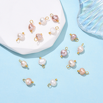 15Pcs 3 Styles Natural Freshwater Pearl Two Sides Polished Charms, with Brass Loops, Golden, Mixed Color, 10.3mm, Hole: 2mm, 5pcs/style