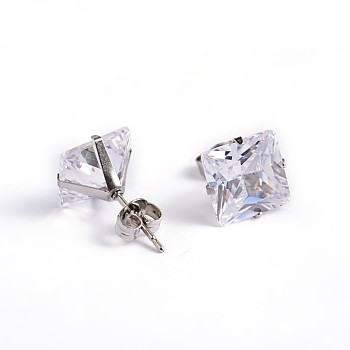 Square Cubic Zirconia Stud Earrings, with 304 Stainless Steel Pins, Clear, 8.5x8mm, Pin: 0.9mm
