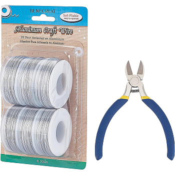 BENECREAT Round Aluminum Wire, with Iron Side Cutting Pliers, Silver, 20 Gauge, 0.8mm, 36m/roll, 6 rolls
