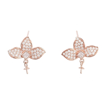 Flower 925 Sterling Silver Micro Pave Cubic Zirconia Stud Earring Findings, with Pinch Bails and S925 Stamp, for Half Drilled Beads, Rose Gold, 17x18.5mm, Pin: 11x0.6mm