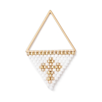 Handmade Japanese Seed Beads Pendants, Triangle with Cross Charms, White, 37~38x23x2mm, Hole: 17x20mm