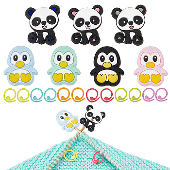 Panda & Penguin Silicone Knitting Needle Stoppers, Baking Painted Zinc Alloy Knitting Stitch Marker Rings, Mixed Color, 14.5~28.5x14.5~24x1~9mm, Hole: 2~2.4mm