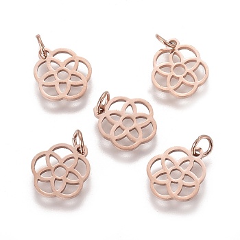 304 Stainless Steel Pendants, Flower, Rose Gold, 13x12x1.1mm, Hole: 3mm
