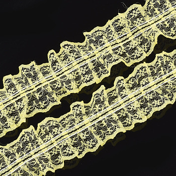 Organza Lace Trim, Pleated/Double Ruffle Ribbon, Yellow, 45~50mm, 30m/bundle