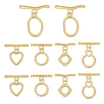 10Pcs 5 Styles 304 Stainless Steel Toggle Clasps, Heart & Ring & Oval, Mixed Shapes, Real 18K Gold Plated, 16.5~25x13.5~15x1.8~2.5mm, Hole: 2.5mm, 2pcs/style