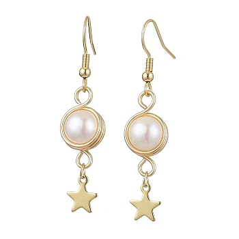 Natural Cultured Freshwater Pearl Dangle Earrings, Stainless Steel with Brass Charms, Star, 49x10.5mm