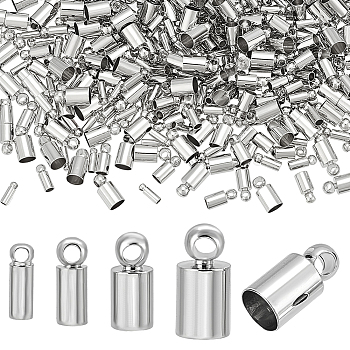 160Pcs 4 Styles Brass Cord Ends, Column, Stainless Steel Color, 6~9x2~4.5mm, Hole: 1~1.6mm, 160pcs/set