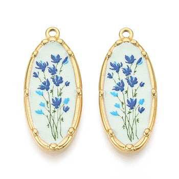 Printed Style 304 Stainless Steel Oval with Flower Pattern Pendants, Ion Plating(IP), Real 18K Gold Plated, Light Cyan, 33.5x14x2.5mm, Hole: 1.8mm