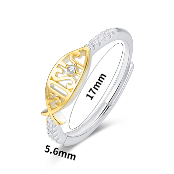 Fashionable Jesus Fish Brass Micro Pave Clear Cubic Zirconia Adjustable Rings for Women, Golden & Silver, Inner Diameter: 17mm