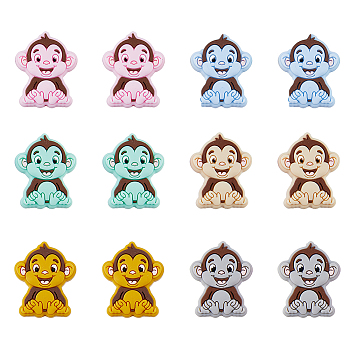12Pcs 6 Colors Monkey Silicone Focal Beads, DIY Nursing Necklaces and Bracelets Making, Chewing Pendants For Teethers, Mixed Color, 30x24.5x9.5mm, Hole: 2mm, 2pcs/color
