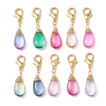 Glass Pendant Decorations, with Zinc Alloy Lobster Claw Clasps, Teardrop, Mixed Color, 31mm